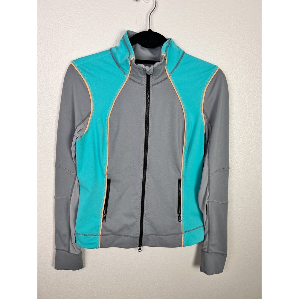 Zella Hoodie Womens Medium Gray Teal Full Zip Sweatshirt Thumbholes Jacket